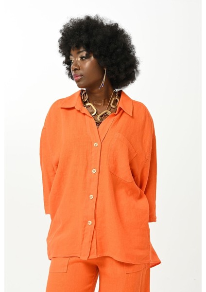 Kadın Düz Renk Tek Cepli %100 Keten Gömlek modelleri