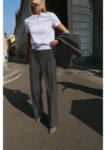 Premium Vento Orta Bel Wide Leg Dokuma Pantolon