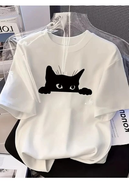 Kadınlar Için Şık Siyah Kedi Grafik Tişört - Oversize Kısa Kollu Üst, Nefes Alabilir Polyester Karışımı, Makinede Yıkanabilir - Mükemmel Yaz Modası - Beyaz