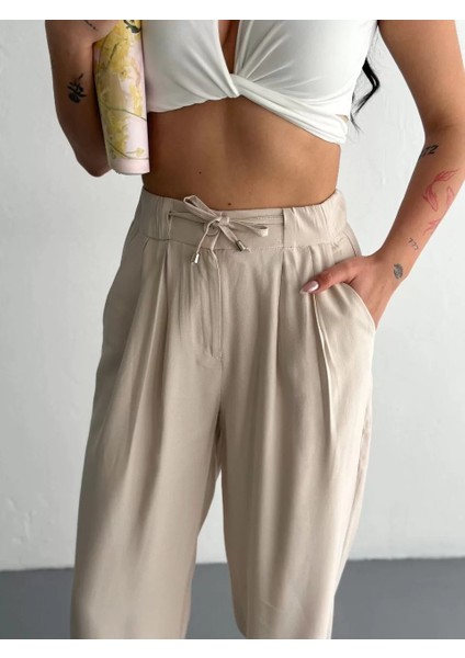Kadın Yüksel Bel Beli Bağcıklı Rahat Boru Paça Pantalon - Kırık Beyaz