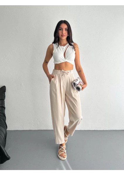 Kadın Yüksel Bel Beli Bağcıklı Rahat Boru Paça Pantalon - Kırık Beyaz fiyatları