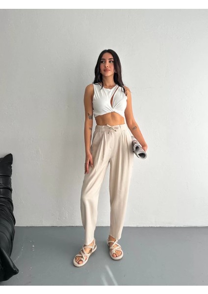 Kadın Yüksel Bel Beli Bağcıklı Rahat Boru Paça Pantalon - Kırık Beyaz modelleri