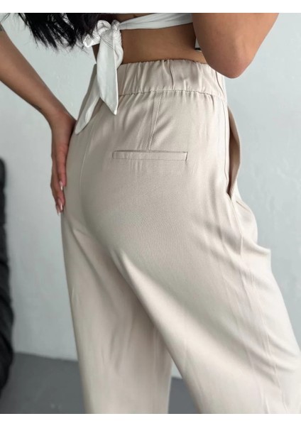 Kadın Yüksel Bel Beli Bağcıklı Rahat Boru Paça Pantalon - Kırık Beyaz fırsatları