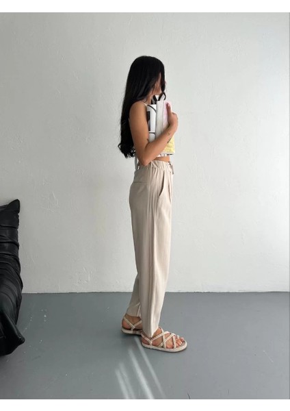 Kadın Yüksel Bel Beli Bağcıklı Rahat Boru Paça Pantalon - Kırık Beyaz indirimleri