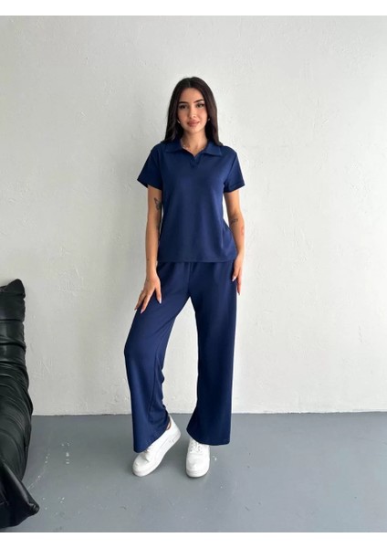 Osy Modal Yumuşak Dokulu Kumaş Kısa Kollu Yakalı T-Shirt Pantalon Ikili Takım- Lacivert modelleri
