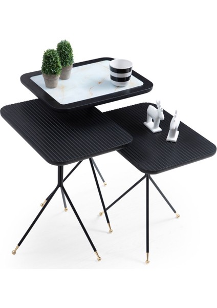 Allora Metal 3'lü Zigon Sehpa Siyah Beyaz