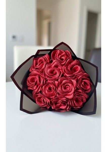 11'li Simli Kırmızı Solmayan Saten Gül Buketi, Sevgiliye Hediye