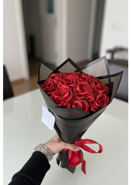 11'li Simli Kırmızı Solmayan Saten Gül Buketi, Sevgiliye Hediye modelleri