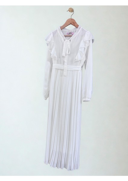 Kız Çocuk Pileli Uzun Elbise Beyaz fiyatları