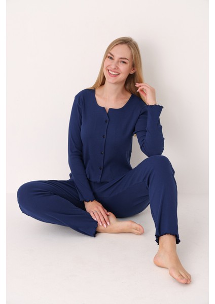 Lacivert Önden Düğmeli Pijama Takımı