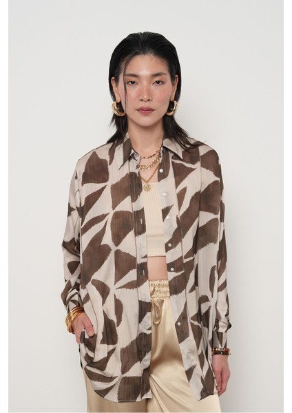 Kadın Desenli Çizgi Detaylı Oversize Gömlek