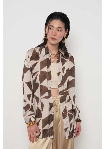 Kadın Desenli Çizgi Detaylı Oversize Gömlek fiyatları