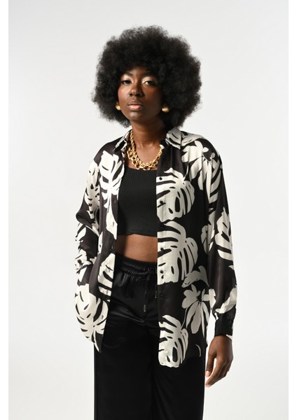 Kadın Yaprak Desenli Oversize Kesim Gömlek