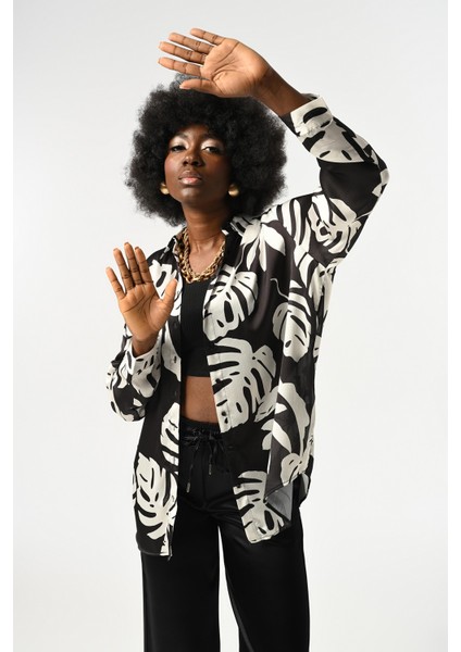 Kadın Yaprak Desenli Oversize Kesim Gömlek fiyatları