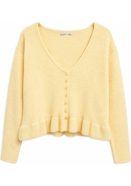 6950 Kadın Yakası Bağcıklı Pileli Triko Kazak Sarı