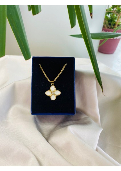 Kalın Zincirli Dört Yapraklı Çiçek Paslanmaz Çelik Kadın Kolye modelleri