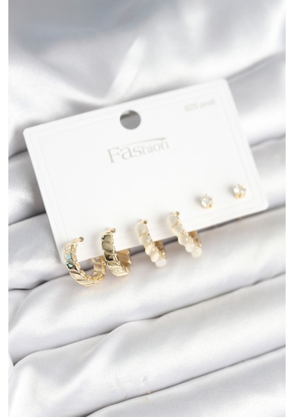 Gold Renk Pirinç Halka 925 Ayar Gümüş Çivili Kadın Küpe Seti