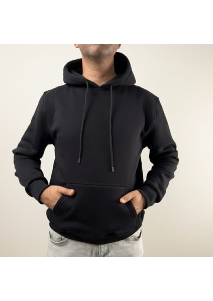 Erkek Oversize Kapüşonlu Pamuklu Sweatshirt, 3 Iplik Içi Polarlı Şardonlu Kalın Kışlık Sweat