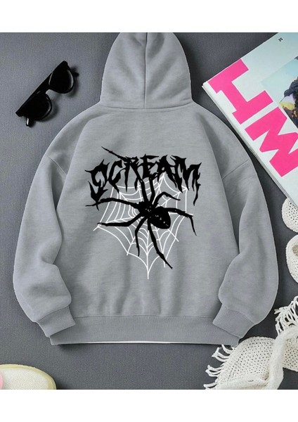 Punıx Büyük Beden Özel Üretim Kapüşonlu Scream Spider Sırt Baskılı %100 Pamuk Oversize Erkek Sweatshırt