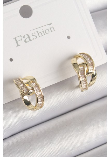 Pirinç Gold Renk Zirkon Taşlı Zincir Model Kadın Küpe - Lisinya