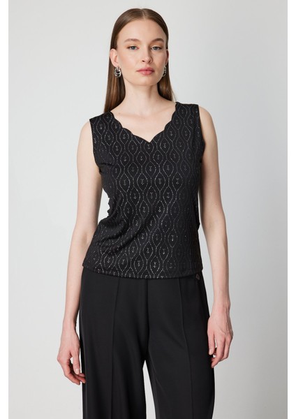 Kadın Dilim Yaka Simli Bluz 61389 Siyah