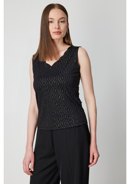 Kadın Dilim Yaka Simli Bluz 61389 Siyah fiyatları