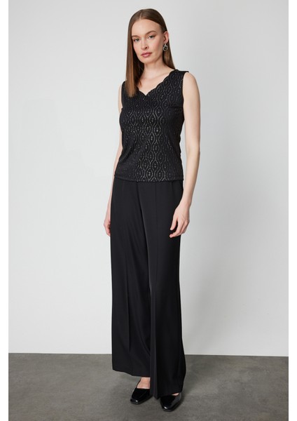 Kadın Dilim Yaka Simli Bluz 61389 Siyah modelleri