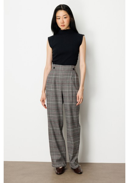Kadın Beli Lastikli Ekoseli Pantolon 5077 Siyah