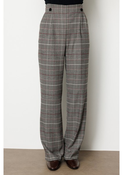 Kadın Beli Lastikli Ekoseli Pantolon 5077 Siyah modelleri