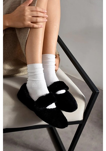 Luna Tavşan Tüyü Lastikli Kaydırmaz Taban Kadın Babet Panduf Ev Terliği