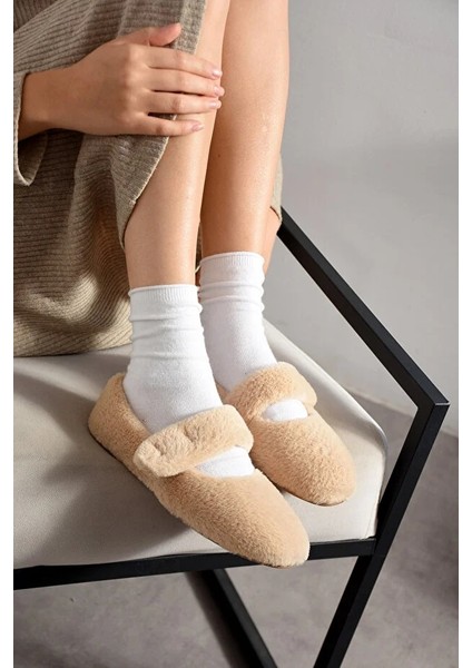 Luna Tavşan Tüyü Lastikli Kaydırmaz Taban Kadın Babet Panduf Ev Terliği