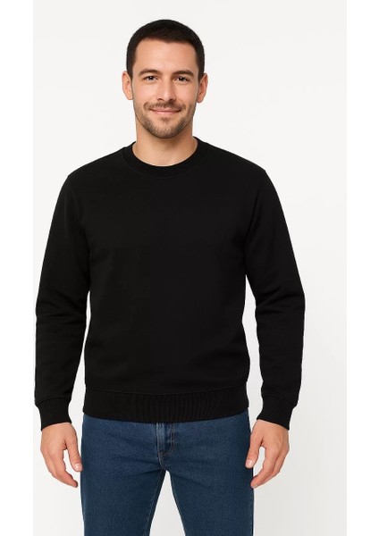 Erkek Üç Iplik Düz Bisiklet Yaka Sweatshirt - Siyah indirimleri