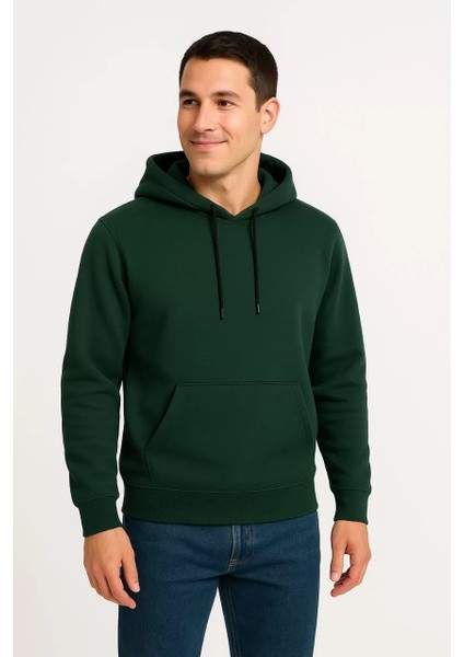 Erkek Üç Iplik Kapüşonlu Kanguru Cepli Sweatshirt Hoodie - Haki
