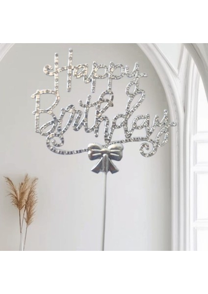 Gümüş Happy Birthday Lüx Taşlı Pasta Süsü