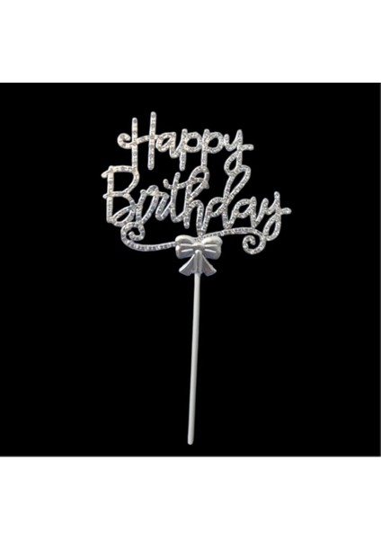 Gümüş Happy Birthday Lüx Taşlı Pasta Süsü modelleri