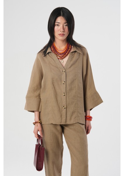 Kadın %100 Keten V Yaka Düz Renk Gömlek