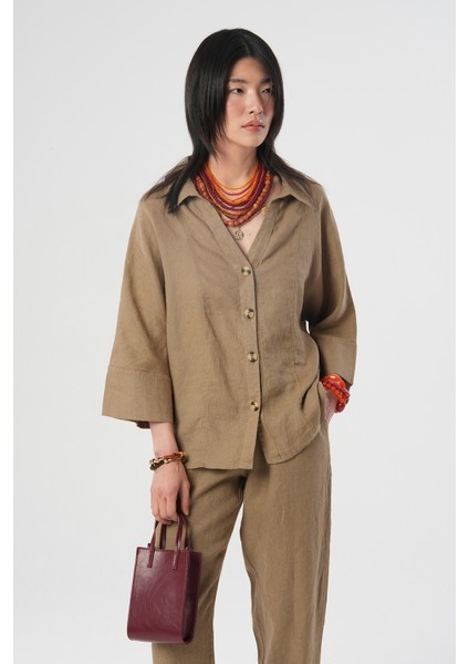 Kadın %100 Keten V Yaka Düz Renk Gömlek fiyatları