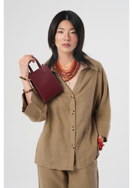 Kadın %100 Keten V Yaka Düz Renk Gömlek modelleri