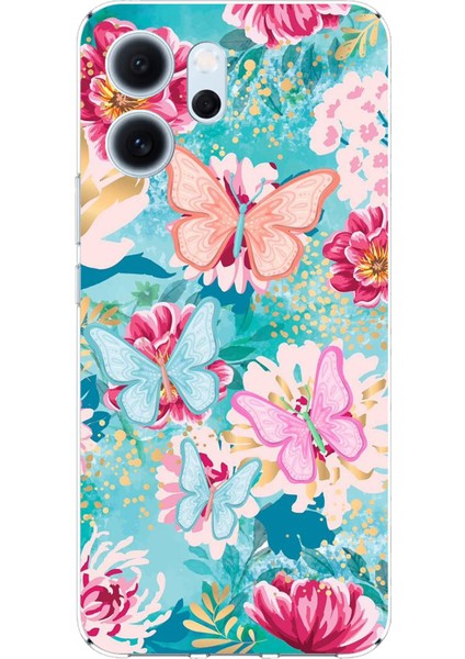 Oppo Reno 14F Uyumlu Kelebekler ve Çiçekler Baskılı Silikon Kılıf