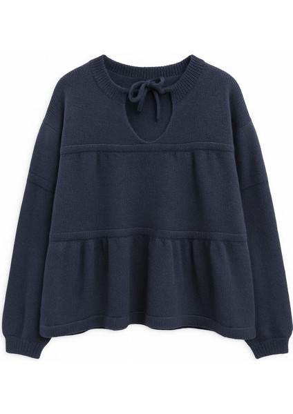 6950 Kadın Yakası Bağcıklı Pileli Triko Kazak Lacivert