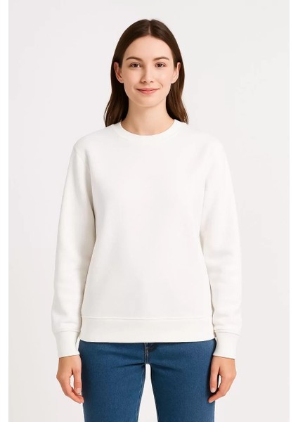 Kadın Üç Iplik Düz Bisiklet Yaka Sweatshirt - Beyaz fiyatları