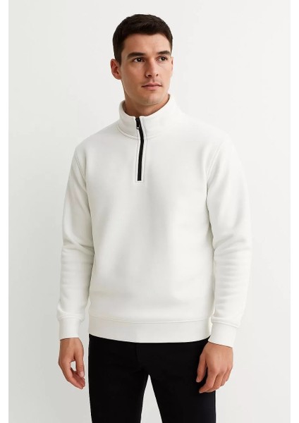 Erkek Dik Yaka Sweatshirt Dik Yaka Yarım Fermuarlı 3 Iplik Şardonlu Pamuk Kumaş - Beyaz