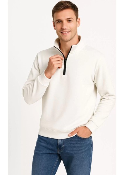 Erkek Dik Yaka Sweatshirt Dik Yaka Yarım Fermuarlı 3 Iplik Şardonlu Pamuk Kumaş - Beyaz indirimleri