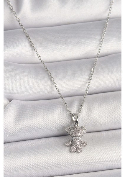 316L Çelik Gümüş Renk Zincir Zirkon Taşlı Ayıcık Figür Kadın Kolye