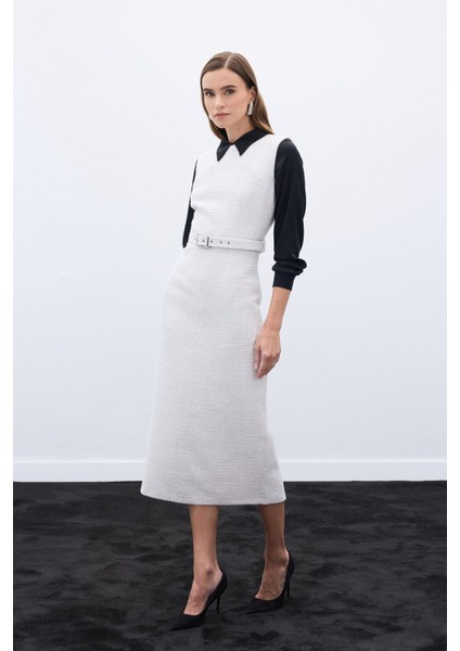 Kemerli Tüvit Elbise - Ekru