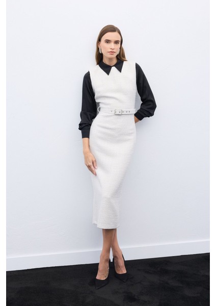 Kemerli Tüvit Elbise - Ekru modelleri