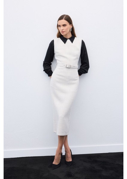 Kemerli Tüvit Elbise - Ekru fırsatları
