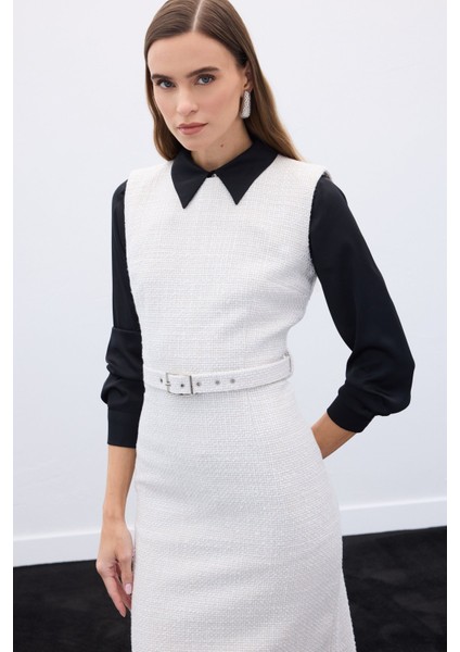 Kemerli Tüvit Elbise - Ekru indirimleri