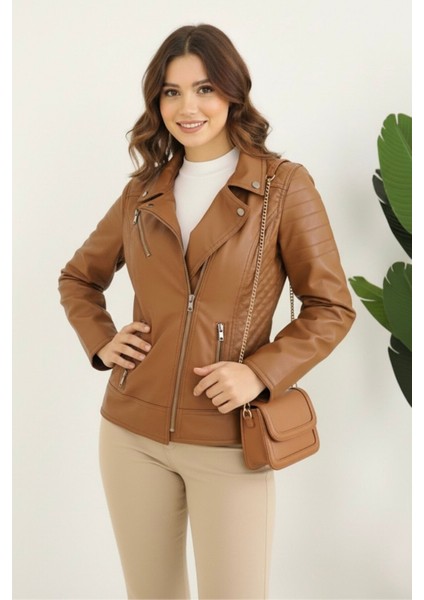 Polar Astarlı Yeni Sezon Kadın Deri Mont KS2565 Taba - 42