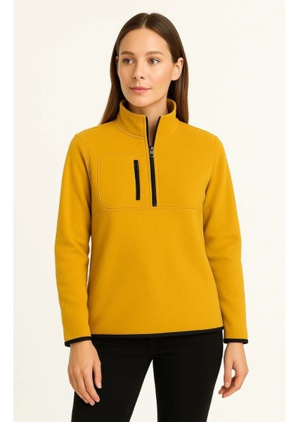 Kadın Polar Kazak – Dik Yaka, Yarım Fermuarlı, Fermuarlı Göğüs Cepli, Siyah Biyeli, Kışlık Rahat Regular Fit Günlük Model - Sarı